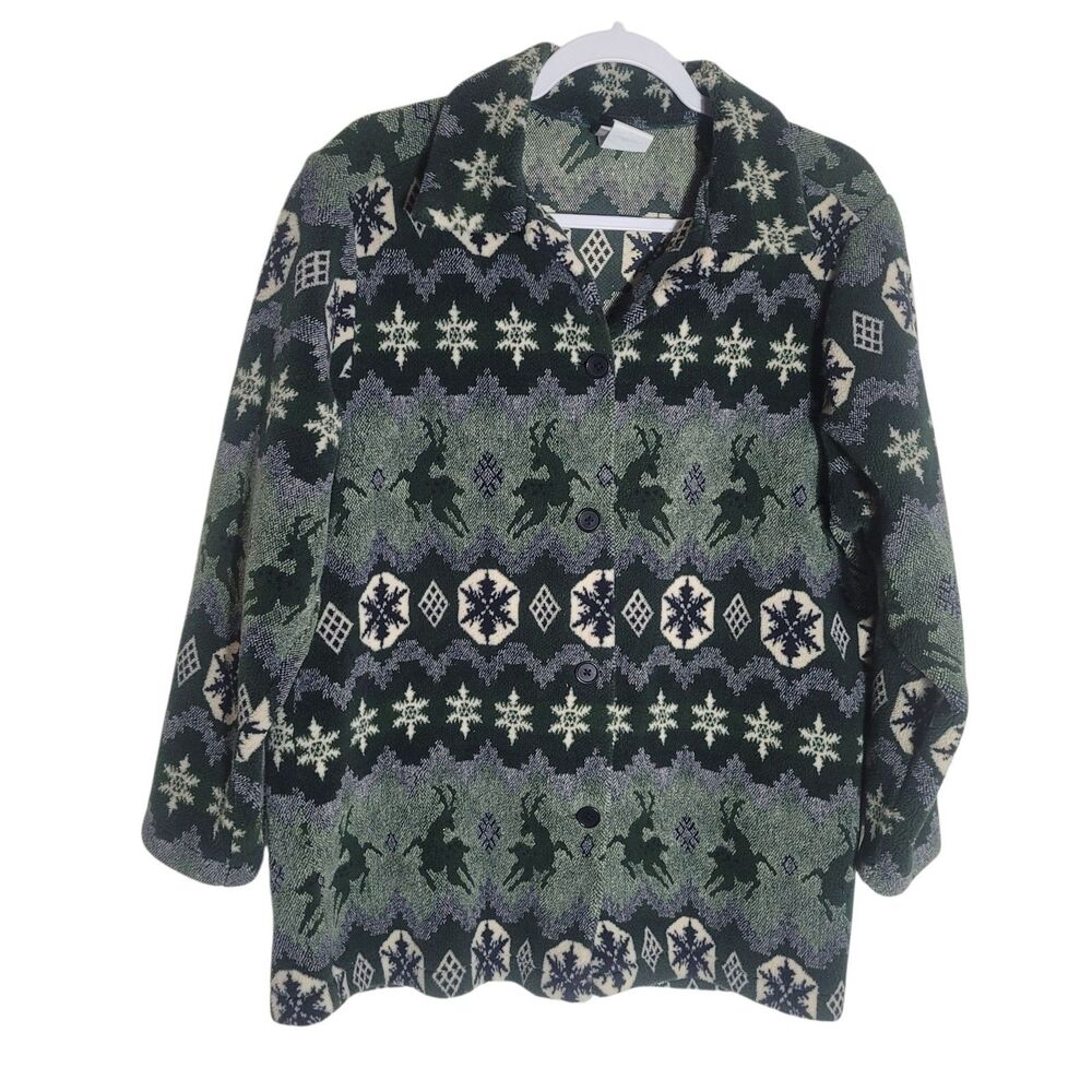 TM Sport Novelty Deer Print Fleece Jacket Womens Sz 6 Small Green Nordic Holiday